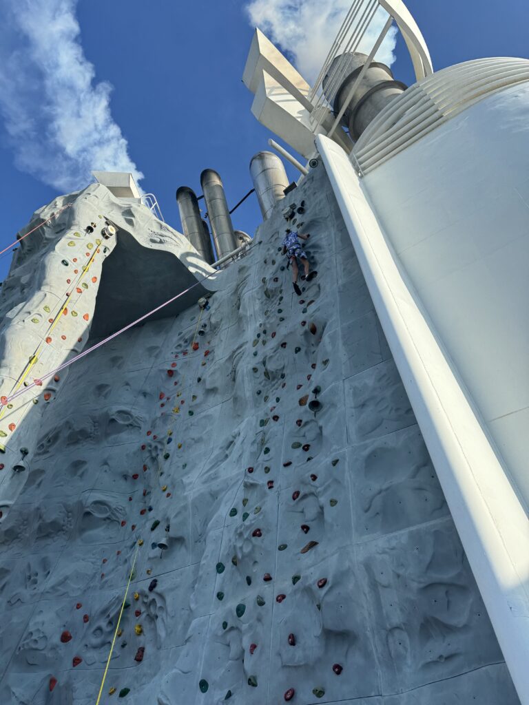 Kids climbing the rock wall on the top deck of Freedom of the Seas