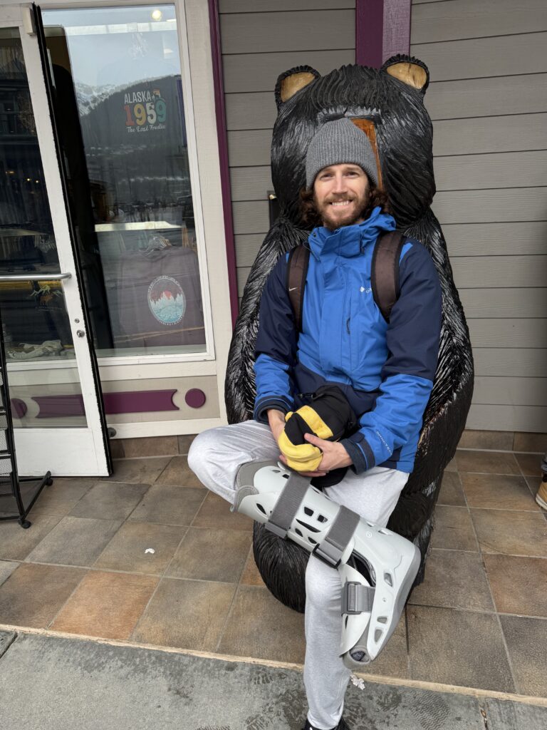 Kevin with his knee scooter during the Norwegian Encore Alaska cruise